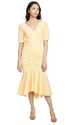 Staud Panier Ruched Gingham Seersucker Midi Dress In Yellow Gingham