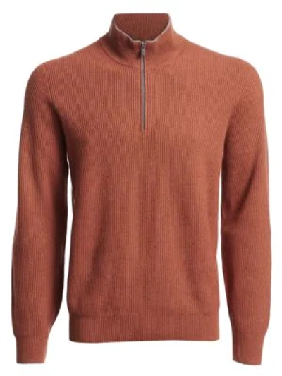 Brunello Cucinelli Half Zip Rib-knit Wool, Silk & Cashmere Jumper In Amber
