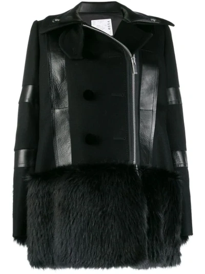 Sacai Faux Fur-trimmed Coat - 黑色 In Black