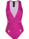 BALMAIN BALMAIN PLUNGING NECKLINE BUTTONED SWIMSUIT - 粉色