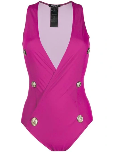 Balmain Plunging Neckline Buttoned Swimsuit - 粉色 In Pink