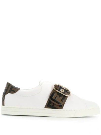 Fendi Logo-embossed Leather Sneakers In White,brown