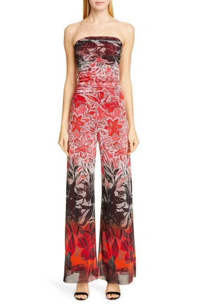 Fuzzi Dégradé Floral Strapless Jumpsuit In Rubino