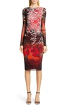 FUZZI DEGRADE FLORAL LONG SLEEVE RUCHED DRESS,F91858-10056