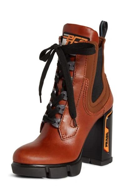 Prada Platform Block Heel Boot In Tabacco Leather