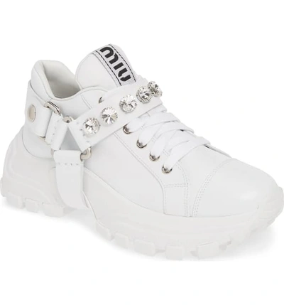 Miu Miu Crystal Harness Platform Sneaker In Bianco