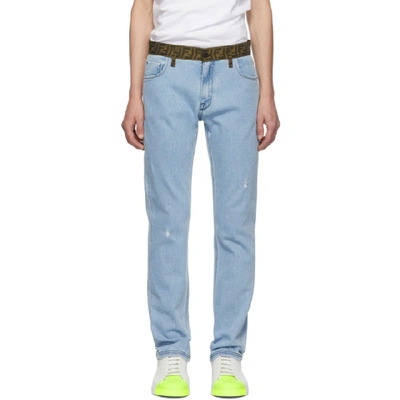 Fendi Ff Jacquard-waistband Straight-leg Jeans In Blue