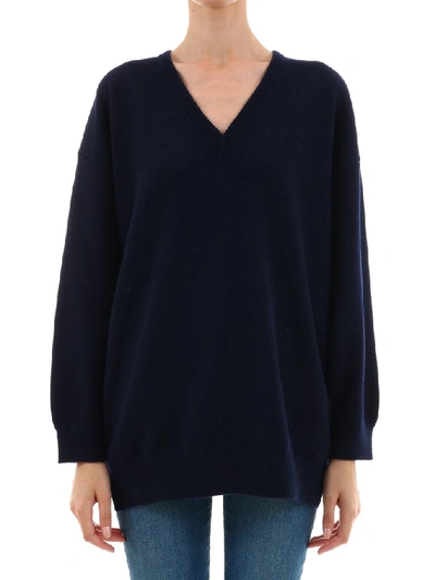 Balenciaga Logo Script Cashmere V-neck Sweater In Navy Blue