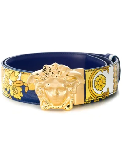 Versace Men's Medusa Hibiscus Baroque-print Reversible Leather Belt In Bluette