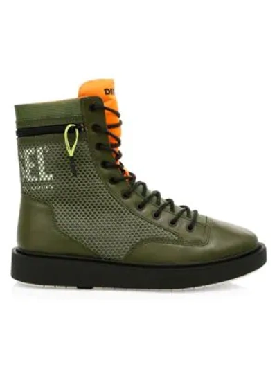Diesel Cage Leather Trim Boots In Burnt Olive