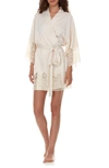 Flora Nikrooz Genevive Embroidered Lace Charmeuse Kimono Robe In Antique Ivory