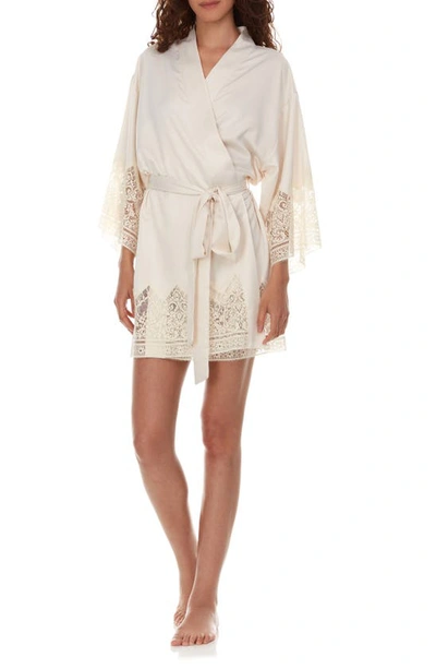Flora Nikrooz Genevive Embroidered Lace Charmeuse Kimono Robe In Antique Ivory
