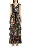 MARCHESA NOTTE METALLIC FLORAL RUFFLE TIERED GOWN,N32G0924