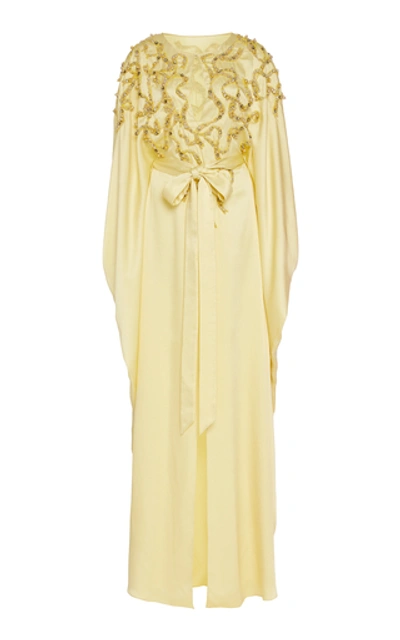 Marchesa Embellished Crepe De Chine Caftan Dress In Pastel Yellow