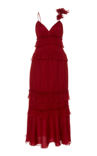 Amur Mikayla Ruffled Appliquéd Plissé-chiffon Gown In Red