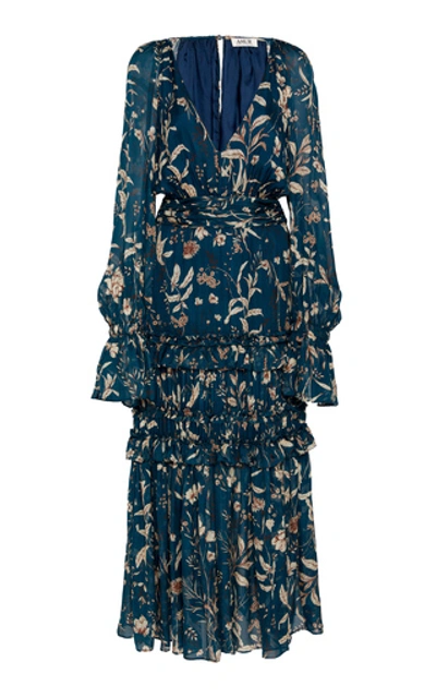 Amur Reah Floral Print Long Sleeve Silk Dress In Teal Wildflowers
