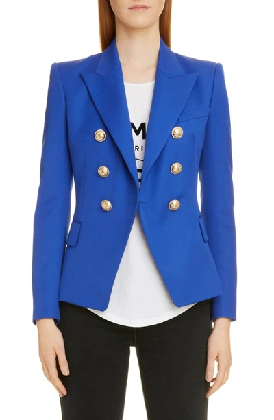 Balmain Double Breasted Grain De Poudre Wool Jacket In Blue