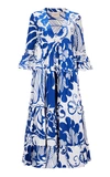 La Doublej Jennifer Jane Floral Ruffle Cotton Midi Dress In Blue