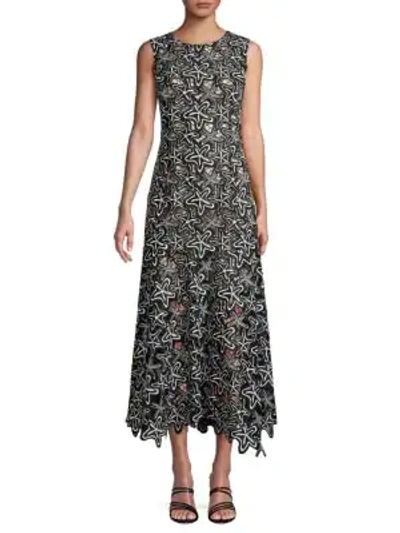 Oscar De La Renta Embroidered Flared Midi Dress In Black