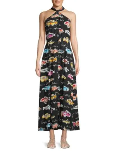 Oscar De La Renta Fish-print Button-front Dress In Black Multi