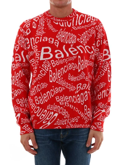 Balenciaga Logo-intarsia Virgin Wool-blend Jumper In Red