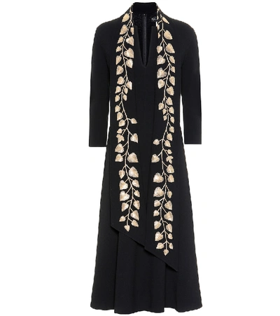 Oscar De La Renta Golden-leaf 3/4-sleeve Sash Dress In Black