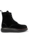 ALEXANDER MCQUEEN LEATHER-TRIMMED VELVET EXAGGERATED-SOLE ANKLE BOOTS