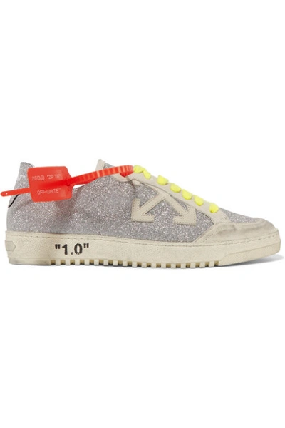 Off-white Arrow 2.0 Distressed Glittered Leather And Suede Trainers In Silver,grey