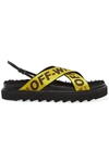 OFF-WHITE SHEARLING-TRIMMED CANVAS-JACQUARD AND PATENT-LEATHER SANDALS