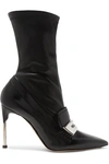 ALEXANDER MCQUEEN EMBELLISHED PATENT AND TEXTURED-LEATHER ANKLE BOOTS