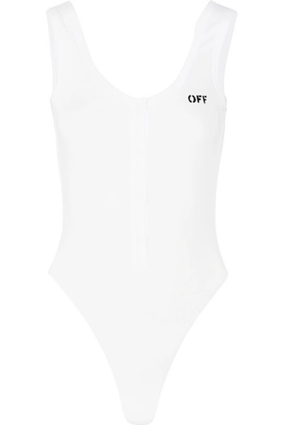 Off-white Open-back Printed Ribbed Cotton-blend Jersey Bodysuit In White
