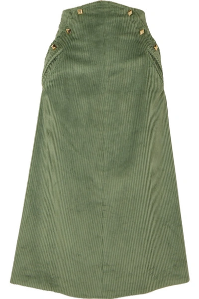 Anna Mason Ruth Studded Cotton-corduroy Midi Skirt In Green