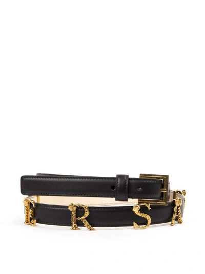 Versace Black & Gold Metal & Leather Baroque Logo Belt In Nero