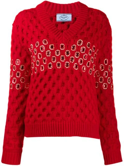 Prada Crystal Chunky-knit Wool Sweater In Red