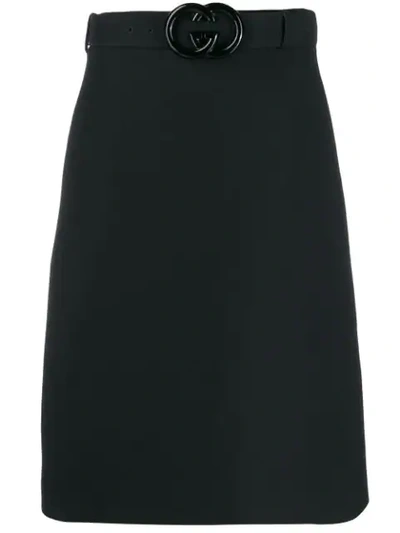 Gucci Knee Length Cady Crepe Skirt W/ Gg Belt In 1000 Black