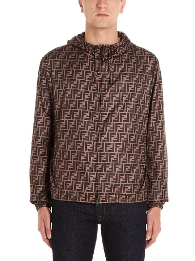 Fendi Ff Logo-print Hooded Technical Jacket In Brown