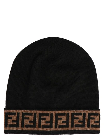 Fendi Black And Brown Wool Hat With Monogram