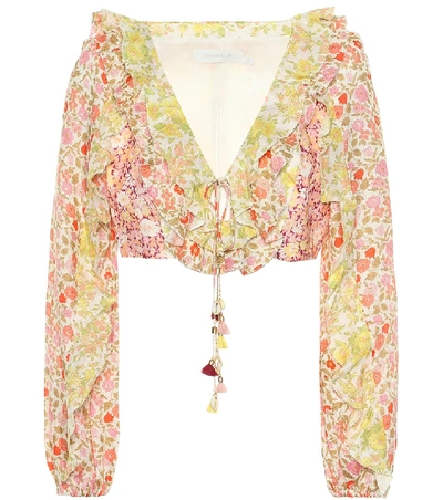 Zimmermann Goldie Spliced Cropped Ruffle-trimmed Floral-print Linen Top In Multi