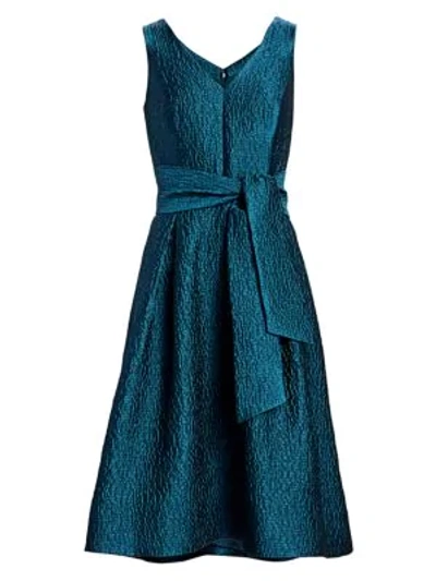 Teri Jon By Rickie Freeman Jacquard V-neck Sleeveless Belted A-line Dress In Teal