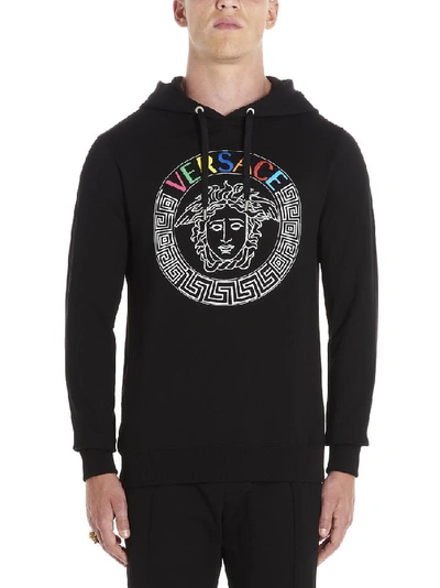 Versace Medusa Head And Rainbow Logo-embroidered Hoodie In Black