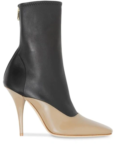 Burberry Two-tone Lambskin And Patent Leather Ankle Boots In Black