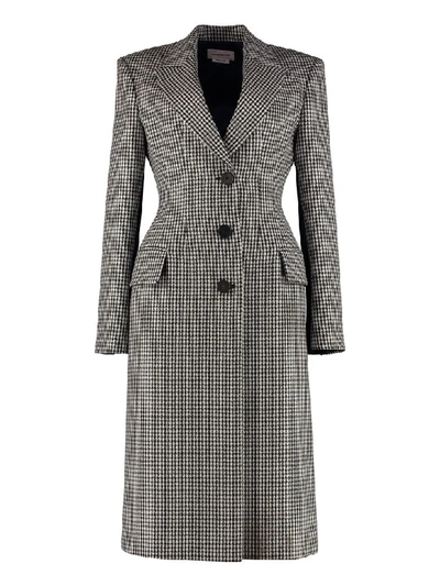 Alexander Mcqueen Small Dogtooth Check Wool & Satin Coat In Black