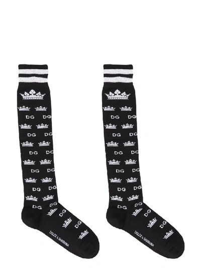 Dolce & Gabbana Cotton/cashmere Jacquard Socks With Dg Logo And Crowns In Black