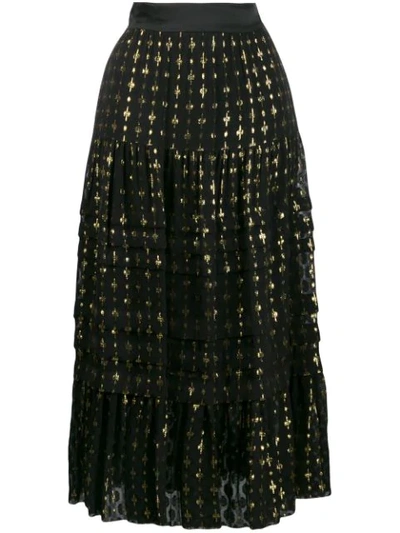 Temperley London Gold Embroidered Silk Chiffon Midi Skirt In Black