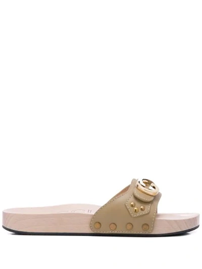 Gucci Leather Slide Sandal With Interlocking G In Neutral