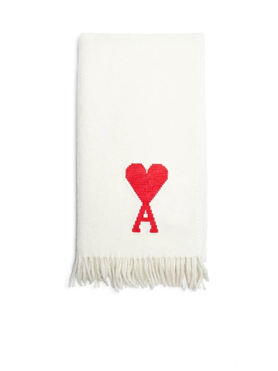 Ami Alexandre Mattiussi Logo-appliquéd Fringed Virgin Wool Scarf In Off-white