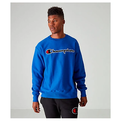 Champion Men's Reverse Weave Script Logo Crewneck Sweatshirt In Blue
