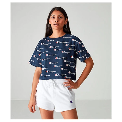 Champion Women's Allover Print Crop T-shirt In Blue Size X-large Cotton