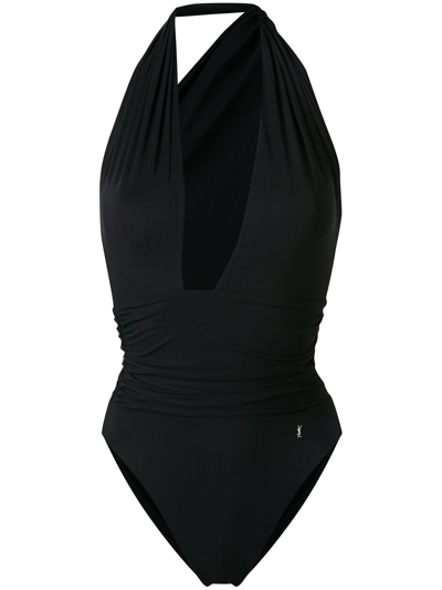 Saint Laurent Plunging Neck Swimsuit In Black