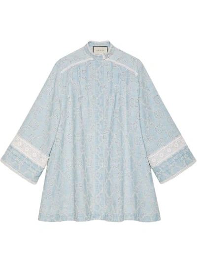 Gucci Gg Embroidered Denim Dress With Lace In Blue